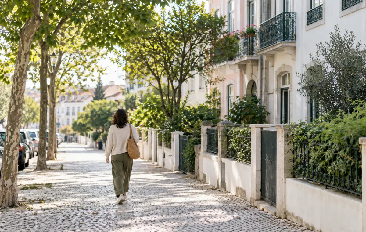 Pessoa a caminhar numa rua residencial portuguesa durante a manhã.