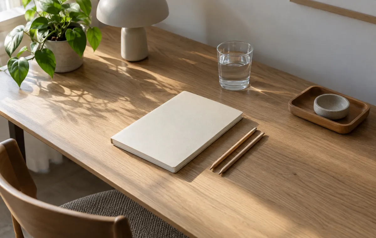 Mesa doméstica organizada com materiais agrupados por utilização.